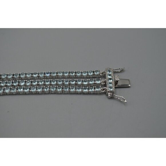 Blue Cubic Zirconia Three Strand Tennis Bracelet Sterling Silver 925 ADI CZ 8" - Picture 5 of 10